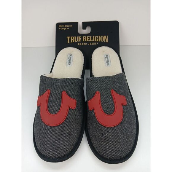 True Religion  Slippers Black Denim Red Logo Men\'s Size XL US 13 Rn 45836 New main image 15